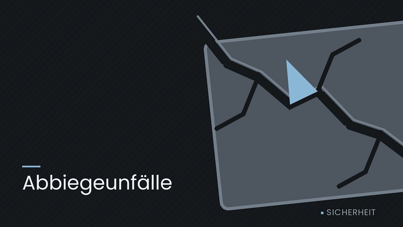 Symbolgrafik: eine gezeichnete Bruchlinie über einer Fläche, beschriftet mit „Abbiegeunfälle“.