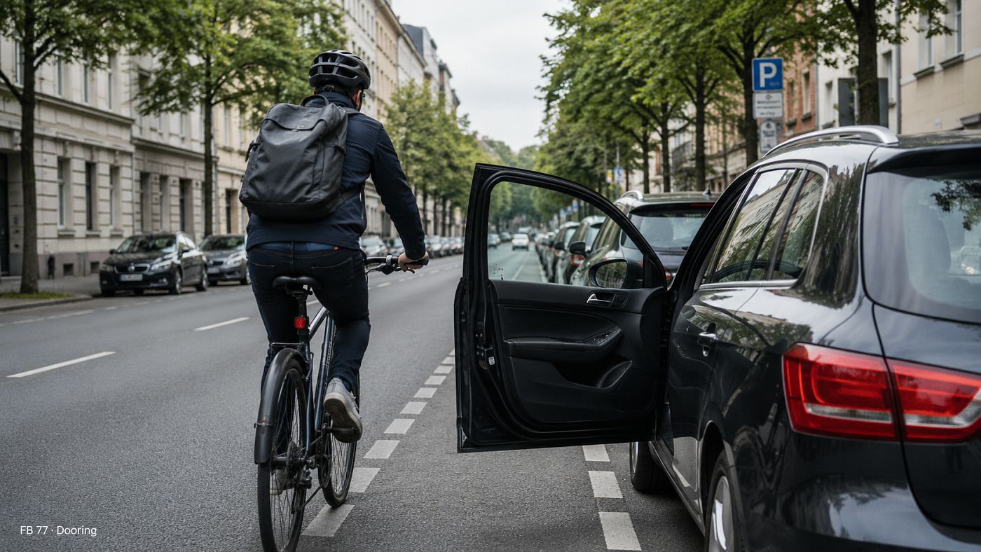 Radfahrer auf einer Stadtstrasse, unmittelbar neben einem parkenden Auto, dessen Fahrertür in die Fahrbahn hinein geöffnet wird
