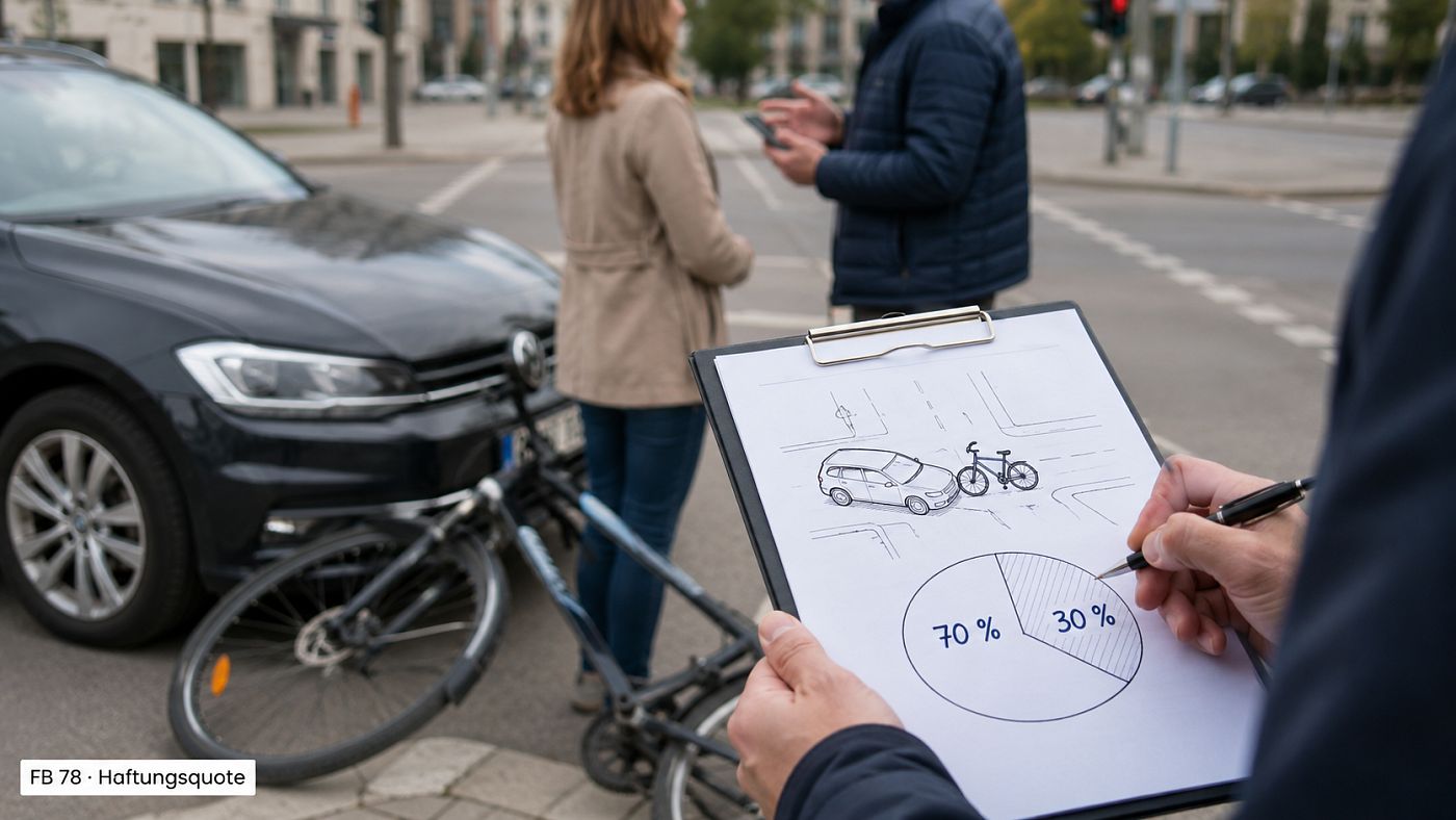 Zwei Beteiligte nach einem Zusammenstoss zwischen Auto und Fahrrad; im Vordergrund eine Skizze des Unfallhergangs mit einer Quote von 70 zu 30 Prozent