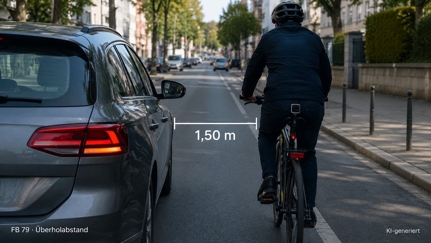 Auto überholt einen Radfahrer auf einer Stadtstrasse; der Abstand zwischen beiden ist mit 1,50 Meter bemasst