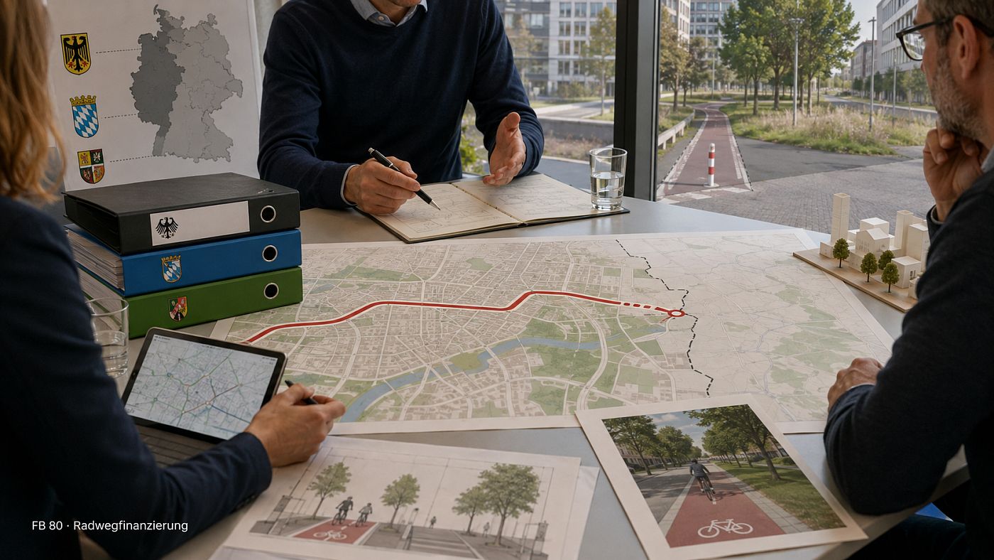 Besprechung an einem Planungstisch: auf einer Stadtkarte ist eine Radroute rot eingezeichnet, daneben Aktenordner mit Bundes- und Landeswappen, ein Tablet und Entwurfszeichnungen für Radwege