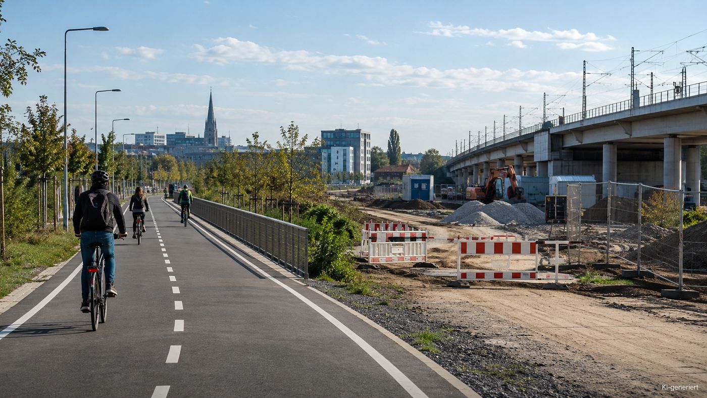 Radfahrende auf einem breiten Radschnellweg am Stadtrand; rechts daneben eine Baustelle mit Bagger und Absperrgittern, dahinter eine Bahnbrücke