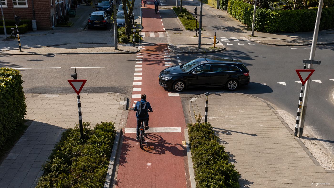 Blick von oben auf eine Kreuzung: ein Radfahrer auf einem rot markierten Radweg, ein querendes Auto und Vorfahrt-gewähren-Schilder auf beiden Seiten