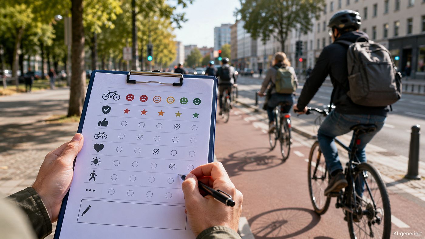 Hand mit Klemmbrett und einem Bewertungsbogen mit Smileys und Sternen; im Hintergrund Radfahrende auf einem Radfahrstreifen einer Hauptstrasse