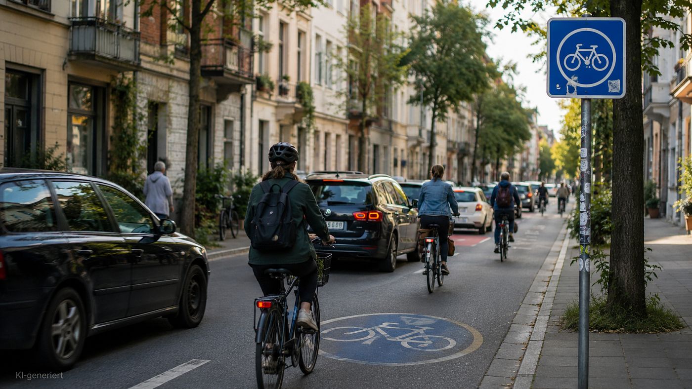 Fünf ältere Menschen fahren auf Pedelecs nebeneinander und hintereinander auf einem Uferweg in der Stadt