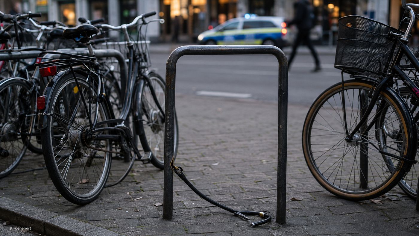 Leerer Fahrradbügel auf einem Gehweg, daran hängt ein aufgetrenntes Bügelschloss; ringsum stehen andere Räder, im Hintergrund ein Streifenwagen