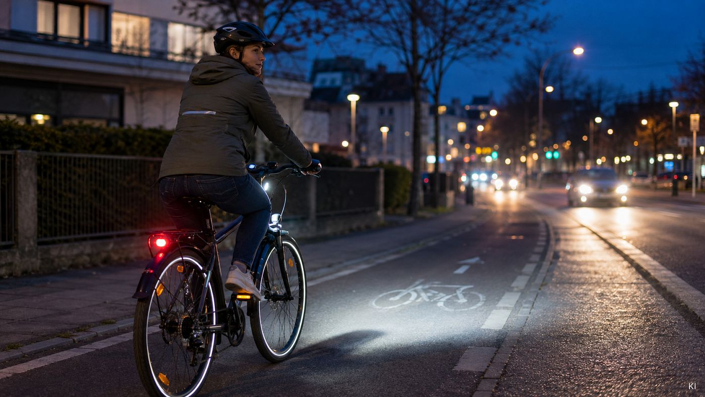 Radfahrerin in der Dämmerung auf einem Radfahrstreifen; Frontscheinwerfer, Rücklicht, Speichenreflektoren und ein Reflexstreifen an der Jacke sind zu sehen, im Hintergrund Autoscheinwerfer
