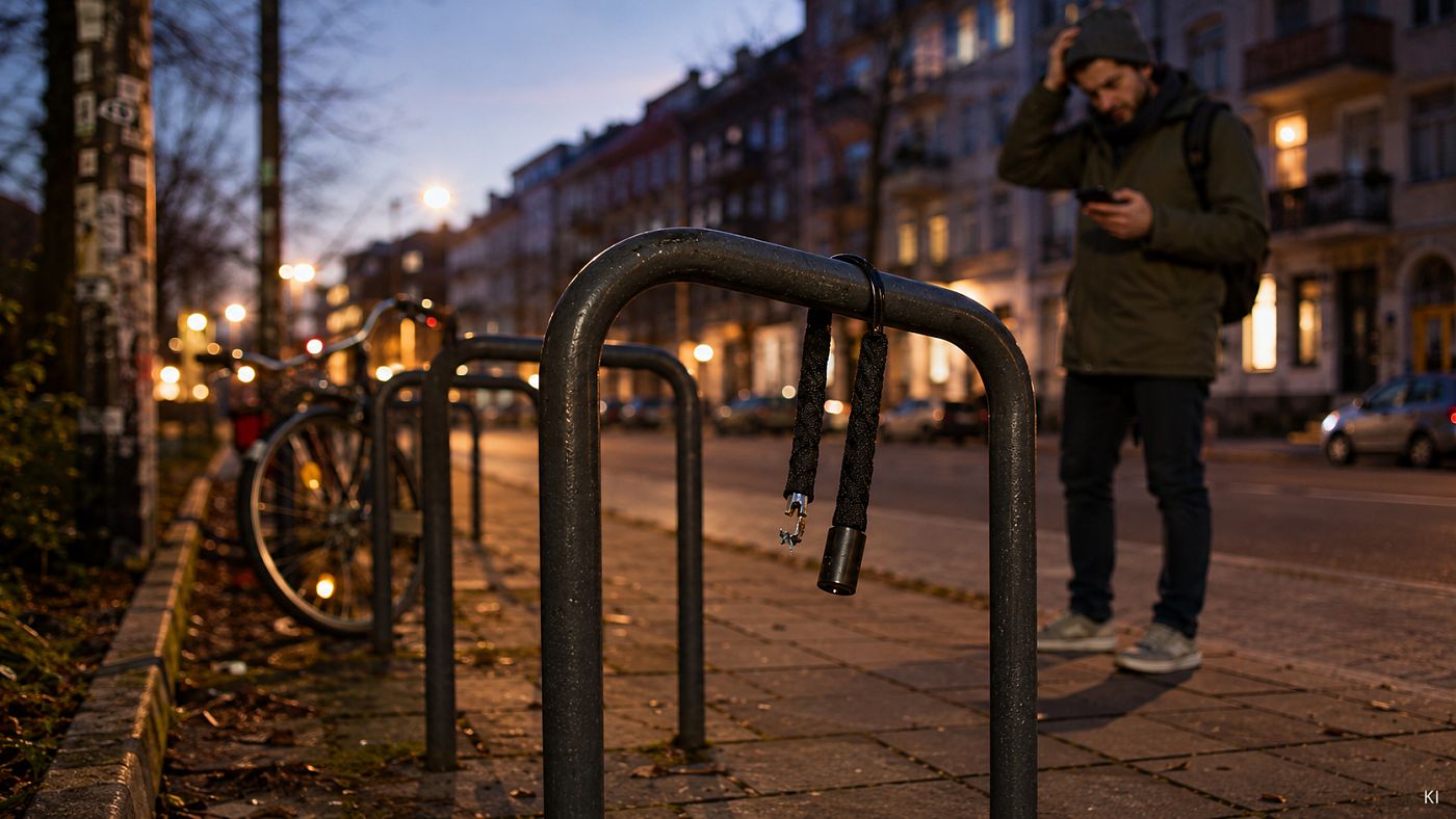 Leerer Fahrradbügel in der Dämmerung, daran hängt ein aufgetrenntes Kabelschloss; im Hintergrund steht ein Mann mit dem Telefon in der Hand