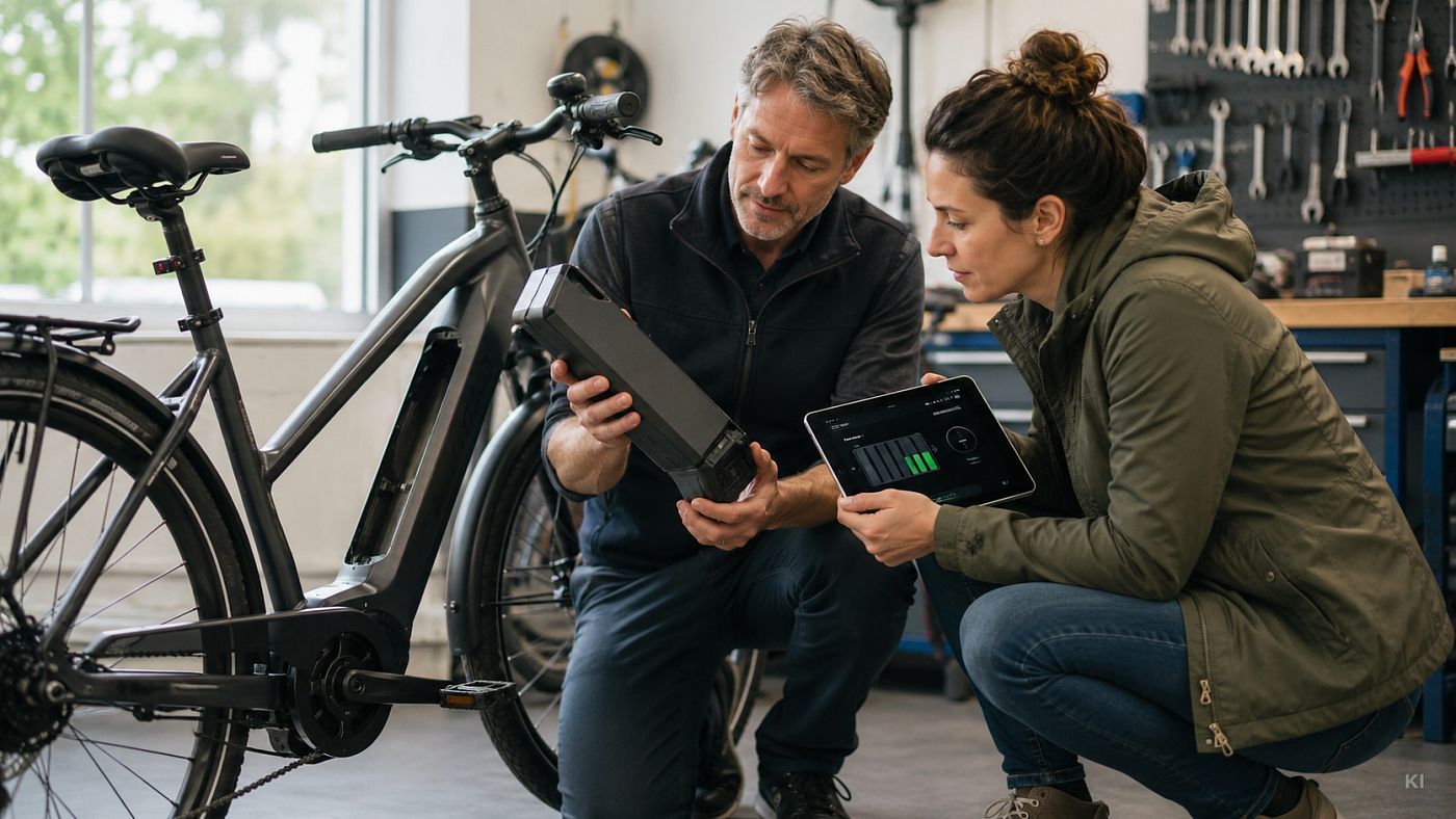 Werkstattmitarbeiter und Kundin begutachten gemeinsam einen ausgebauten E-Bike-Akku; auf einem Tablet sind die Ladezustände der einzelnen Zellen zu sehen