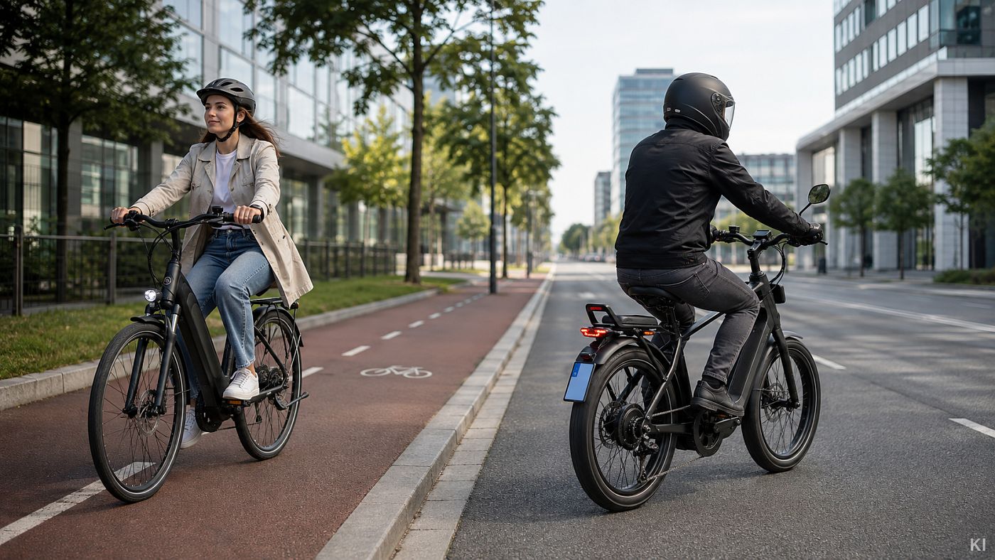 Links fährt eine Frau mit Fahrradhelm auf einem rot markierten Radweg, rechts auf der Fahrbahn ein Fahrer mit Integralhelm auf einem S-Pedelec mit Versicherungskennzeichen und Rückspiegel