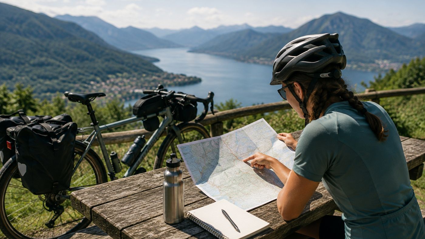 Radreisende sitzt an einem Rastplatz über einer Papierkarte und fährt mit dem Finger eine Route nach; daneben Trinkflasche und Notizbuch, im Hintergrund ihr bepacktes Reiserad und ein See zwischen Bergen
