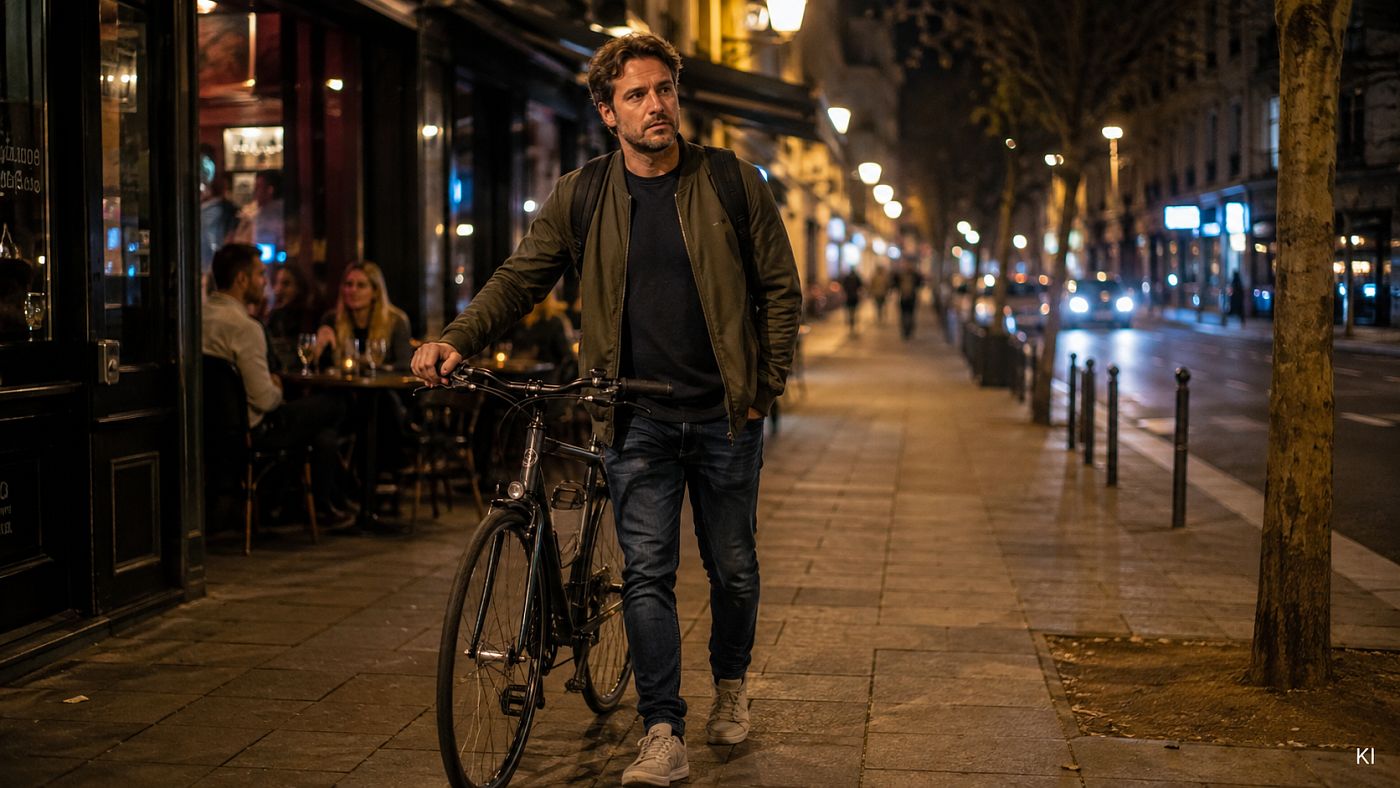 Mann schiebt sein Fahrrad nachts über einen Gehweg an einer beleuchteten Bar vorbei, an deren Fenstertischen Gäste sitzen
