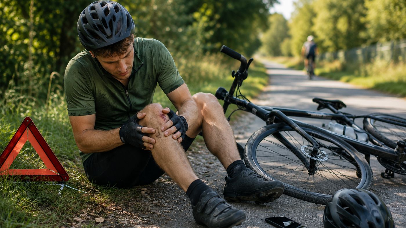 Gestürzter Radfahrer sitzt am Rand eines Radwegs und hält sein aufgeschürftes Knie; links steht ein Warndreieck, rechts liegen sein Rad, der Helm und ein Mobiltelefon