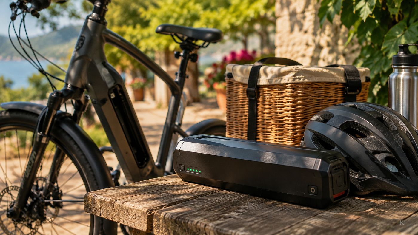 Ausgebauter E-Bike-Akku mit Ladestandsanzeige liegt in der Sonne auf einem Holztisch; daneben Helm, Trinkflasche und ein Picknickkorb, dahinter das Rad an einer Mauer