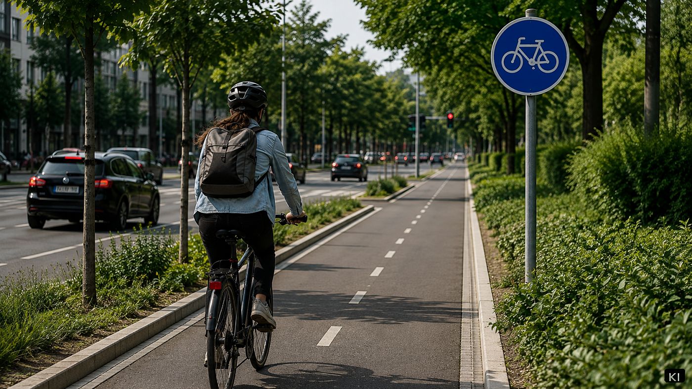 Radfahrerin auf einem baulich getrennten Radweg neben einer Hauptstrasse; rechts am Wegrand steht das blaue Schild mit dem weissen Fahrrad
