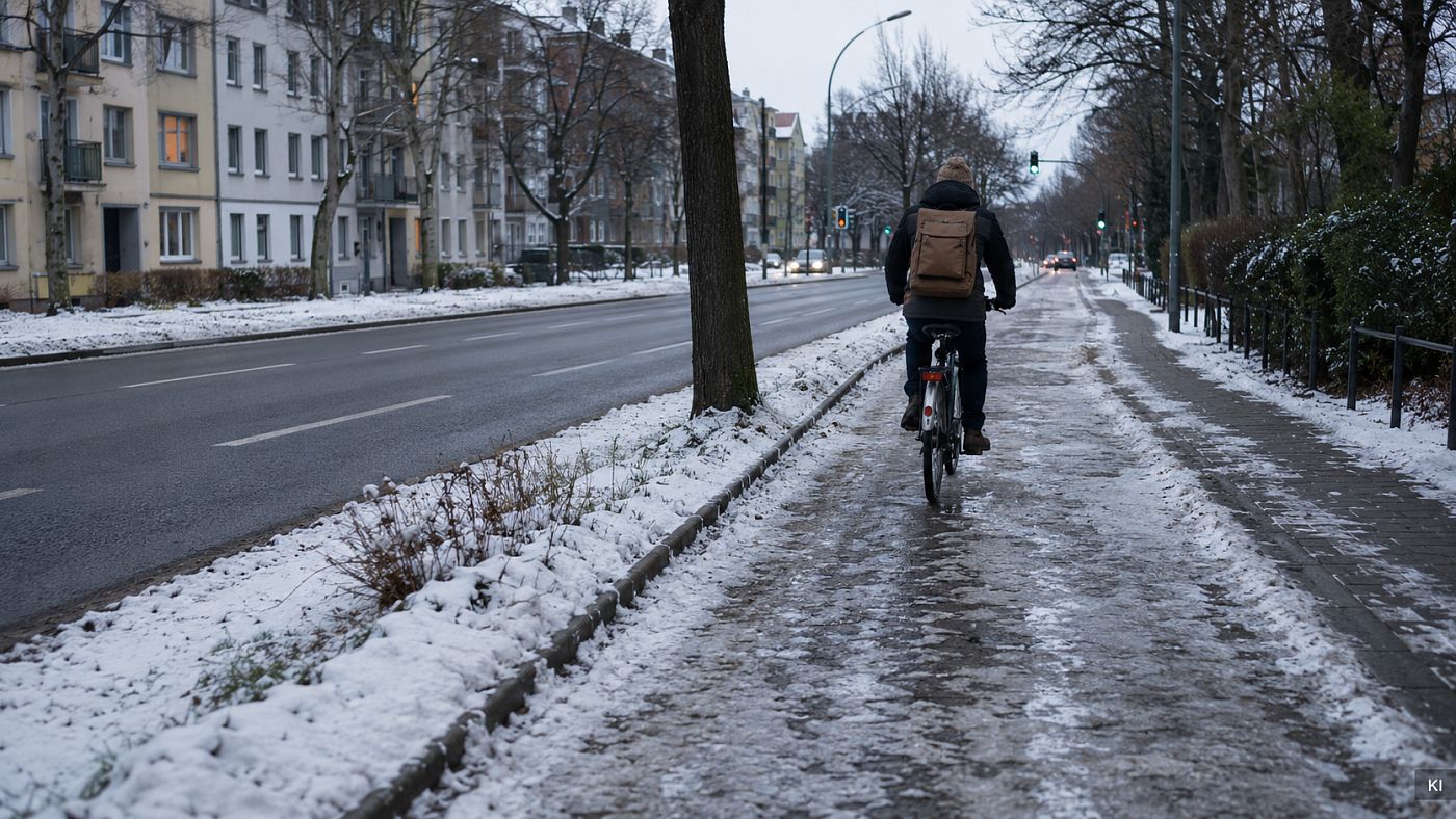 Ein Radfahrer mit Helm sitzt nach einem Sturz auf dem Bordstein und hält sich das Handgelenk; neben ihm liegt sein Rad auf dem Radweg, im Hintergrund der morgendliche Berufsverkehr.