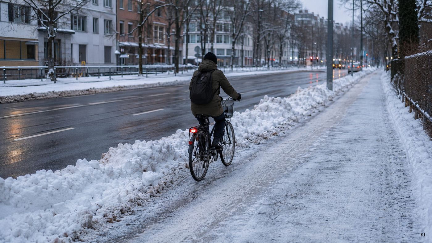 Eine geräumte, nasse Fahrbahn; der Schnee ist auf den Radweg geschoben, auf dem ein Radfahrer in der Dämmerung über die ungeräumte Fläche fährt.