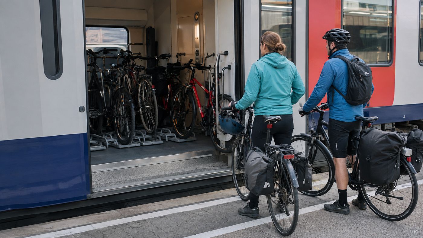 Zwei Radreisende mit bepackten Rädern stehen am Bahnsteig vor der offenen Tür eines Fahrradabteils, in dem die Stellplätze bereits mit Rädern belegt sind.