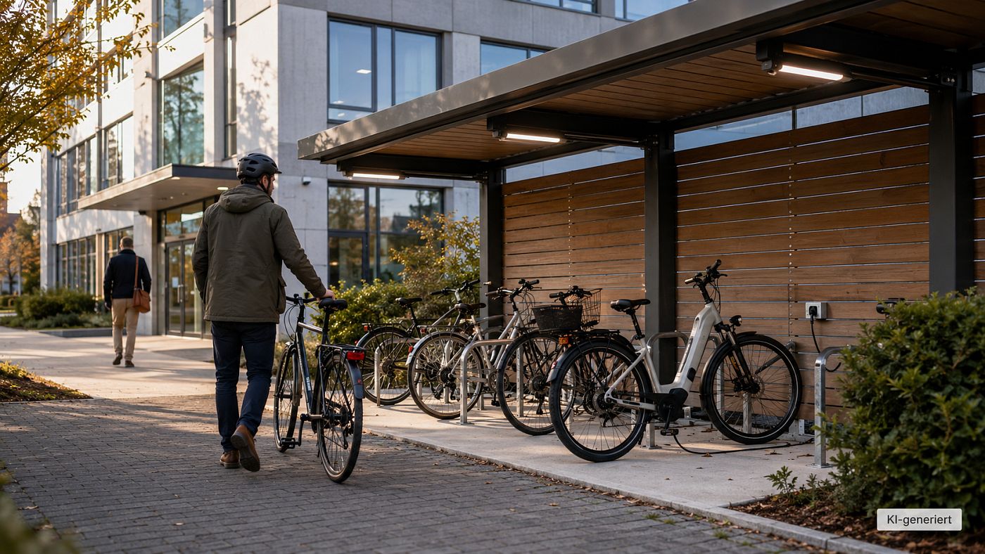 Vor einem Bürogebäude steht eine überdachte, beleuchtete Fahrradabstellanlage mit Anlehnbügeln und einer Steckdose zum Laden; ein Beschäftigter schiebt sein Rad darauf zu.