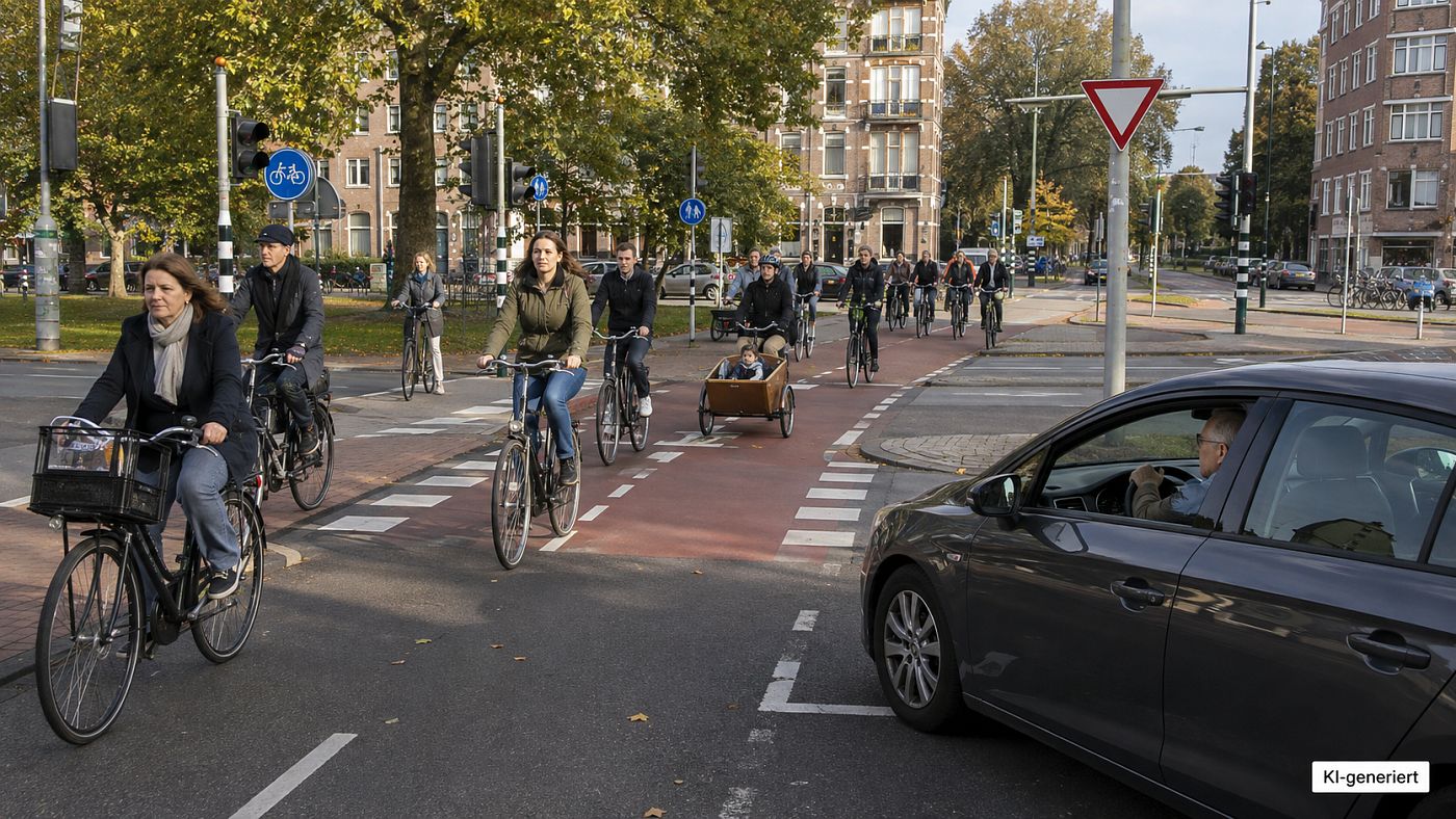 Ein breiter Strom von Radfahrenden aller Altersgruppen, darunter ein Lastenrad mit Kind, überquert eine Kreuzung; rechts wartet ein Autofahrer am Vorfahrtzeichen.