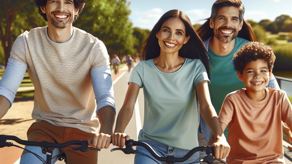Eine Familie die Fahrrad fährt