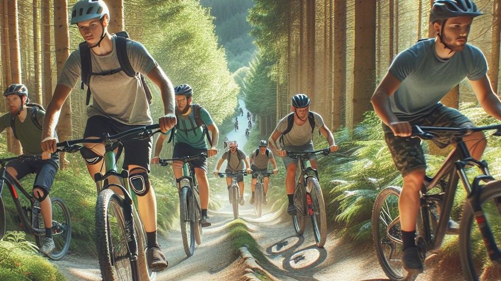 A scenic mountain biking trail with multiple beginner mountain bikers riding through a forested path
