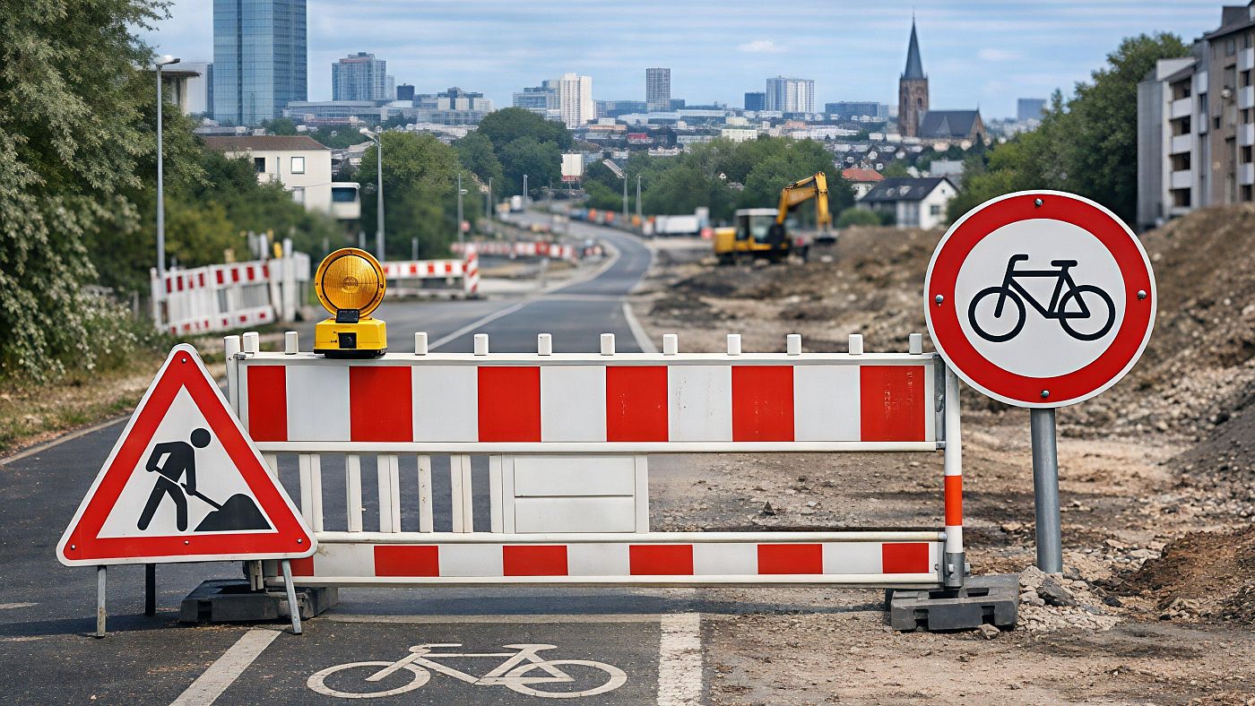 Gesperrter Radweg mit Baustellenabsperrung und Verkehrsschildern in einer deutschen Stadt