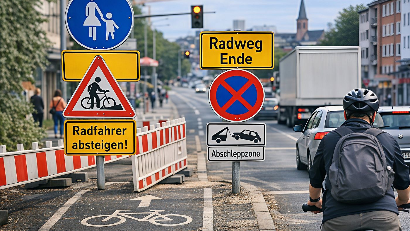 Unübersichtliche Verkehrsschilder und abrupt endender Radweg im Stadtverkehr