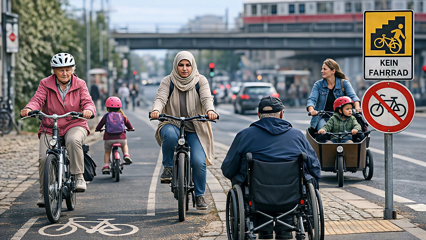 Unterschiedliche Verkehrsteilnehmende auf einem Radweg im Stadtverkehr mit widersprüchlicher Beschilderung