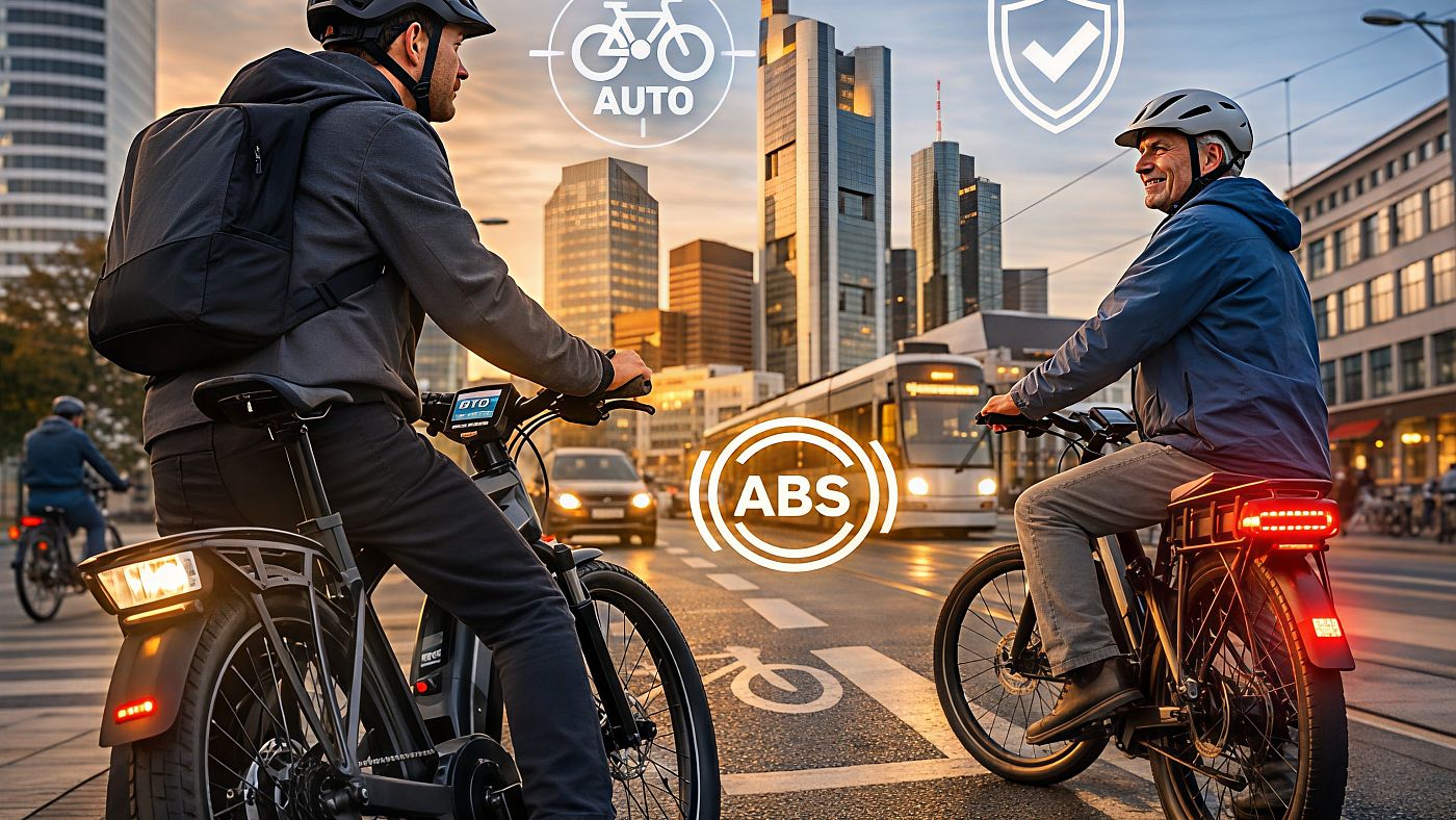 Zwei E‑Bikes an einer städtischen Kreuzung; eingeblendete Symbole für AUTO, ABS und Sicherheit.